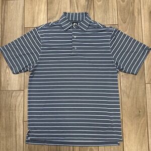 FootJoy Polo Shirt Mens L  Blue Striped Short Sleeve Golf Stretch FJ Logo